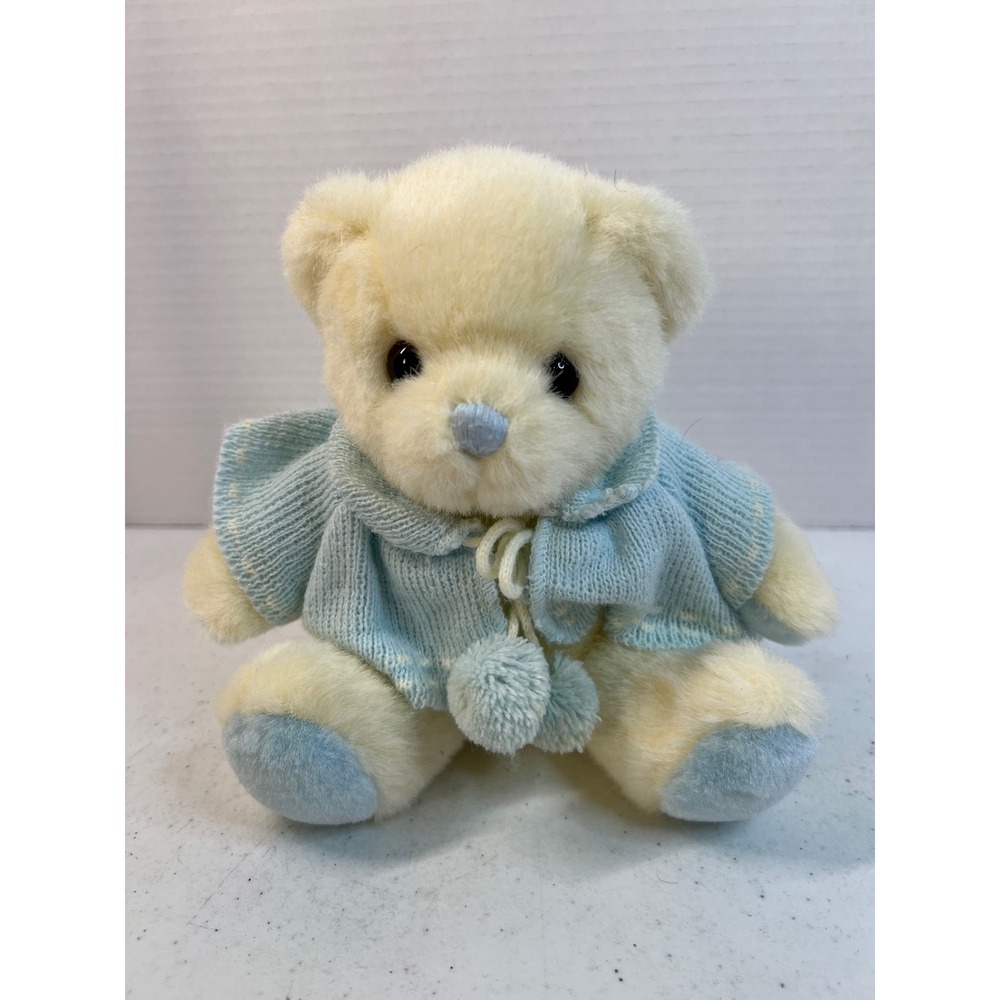 Russ Berrie Hugs Cream Teddy Bear Blue Knit Sweater Rattle Plush Vintage 7 inch